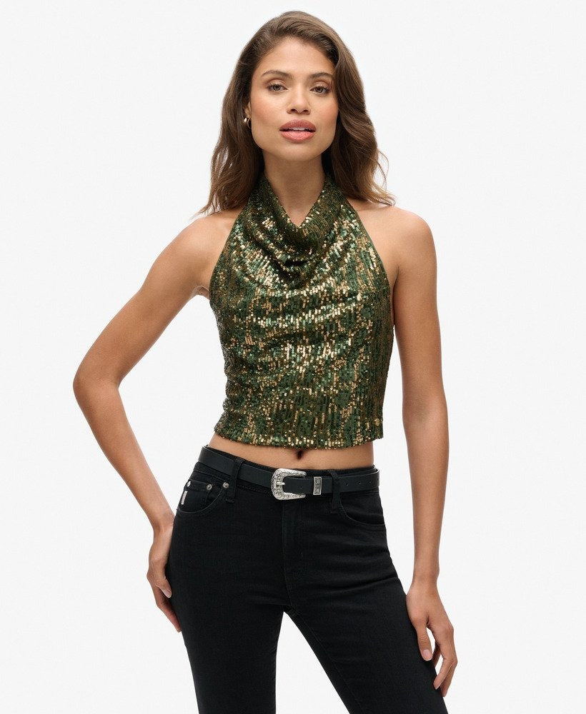Halter Neck Sequin Slim Fit Top | Green Gold Sequin