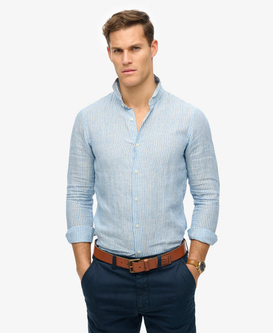 Vacation Long Sleeve Linen Shirt | Azure Blue Stripe