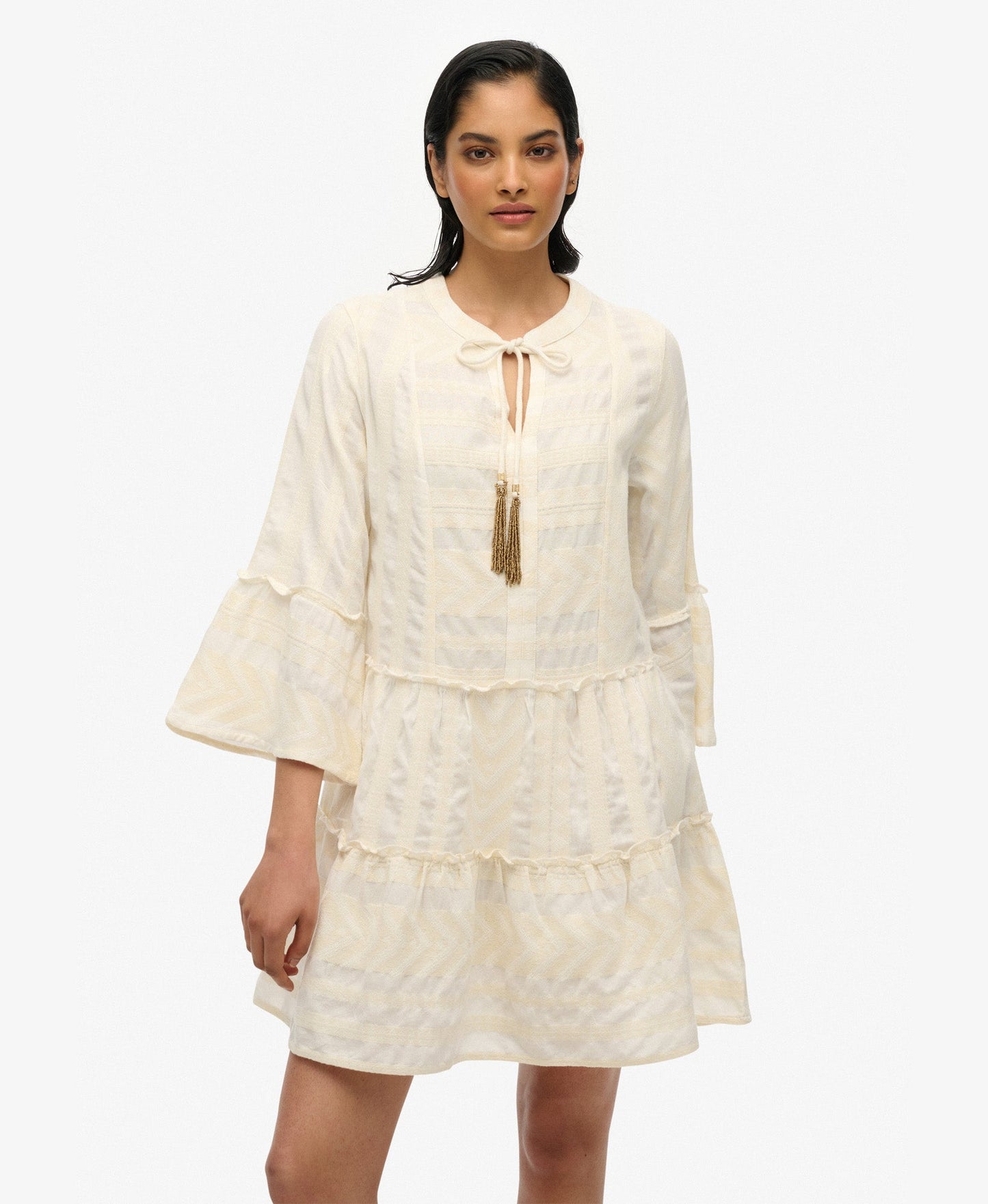 Ibiza Long Sleeve Tiered Mini Dress | Dusty Ecru