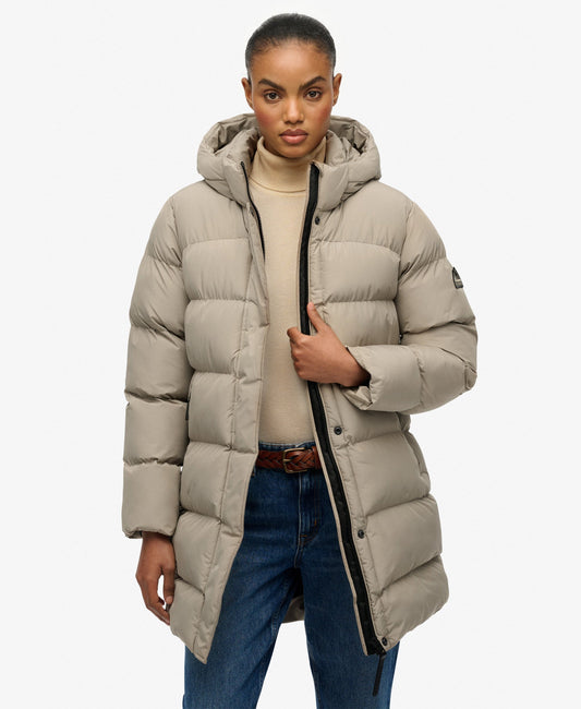 Hooded Sports Puffer Mid Jacket | Winter Twig Beige
