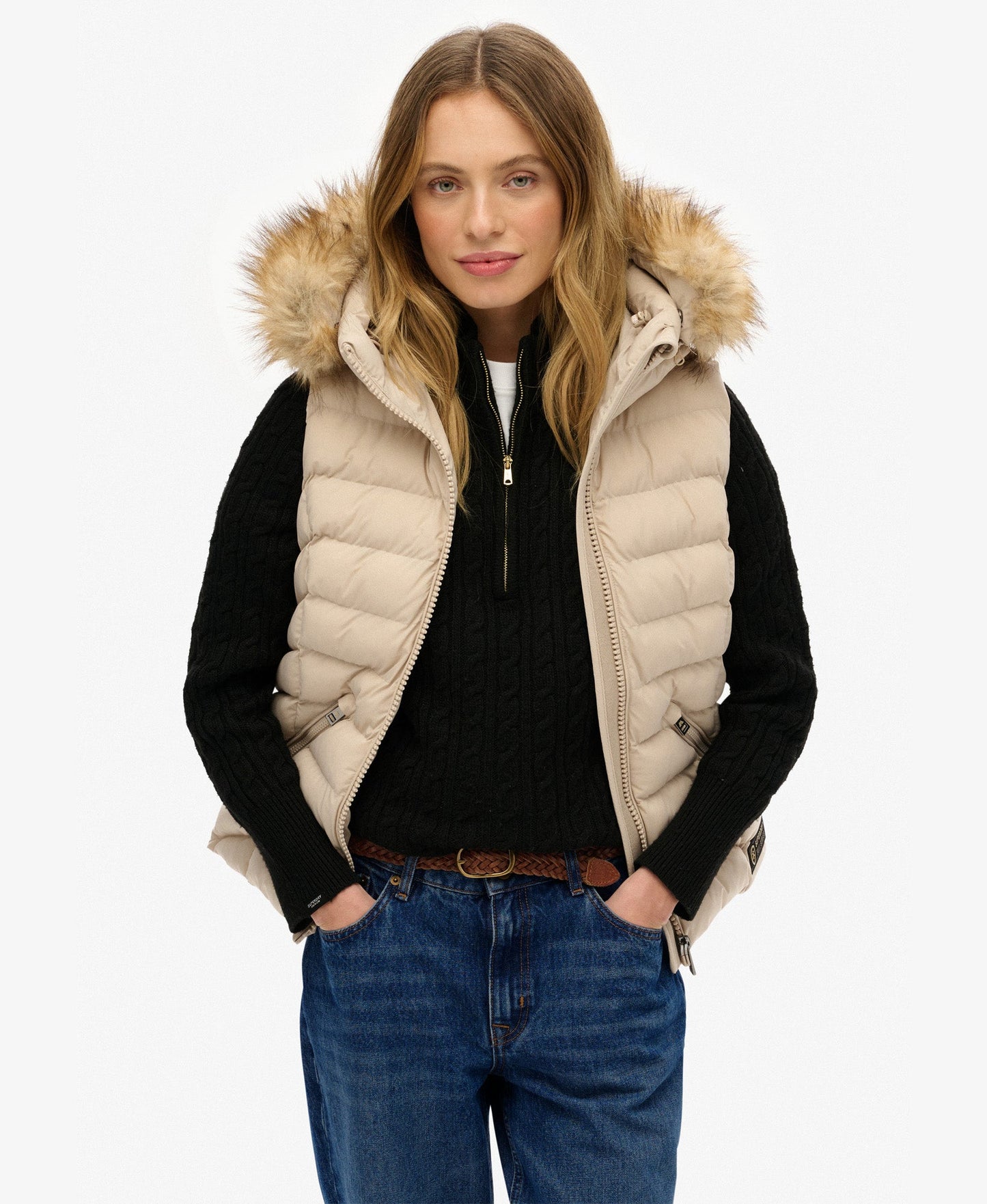 Fuji Faux Fur Hooded Slim Fit Gilet | Chateau Grey