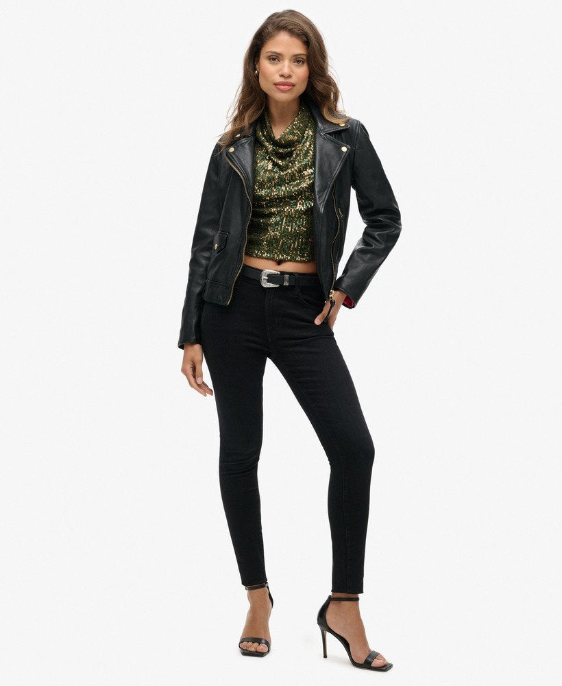 Halter Neck Sequin Slim Fit Top | Green Gold Sequin