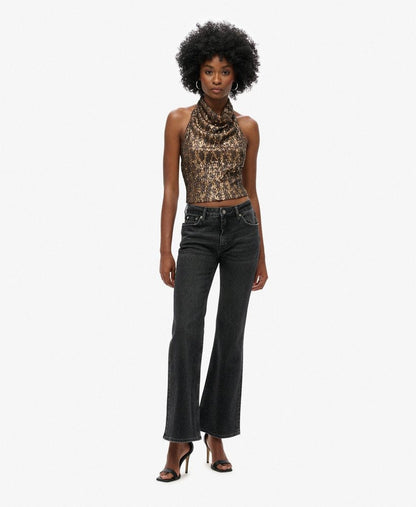 Cowl Halter Neck Sequin Slim Fit Top | Brown Gold Sequin