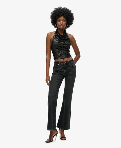 Halter Neck Sequin Slim Fit Top | Black Plain Sequin