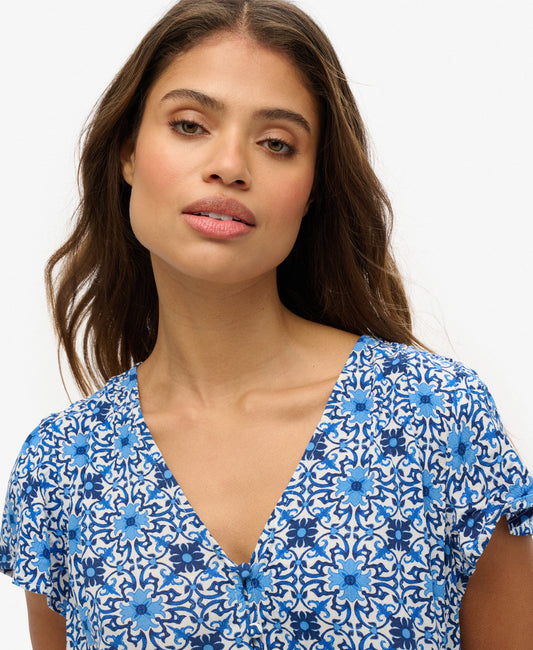 Short Sleeve Printed Playsuit | Tala Tile Border Blue