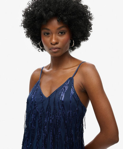 Fringe V Neck Cami Mini Slim Fit Dress | Navy Sequin
