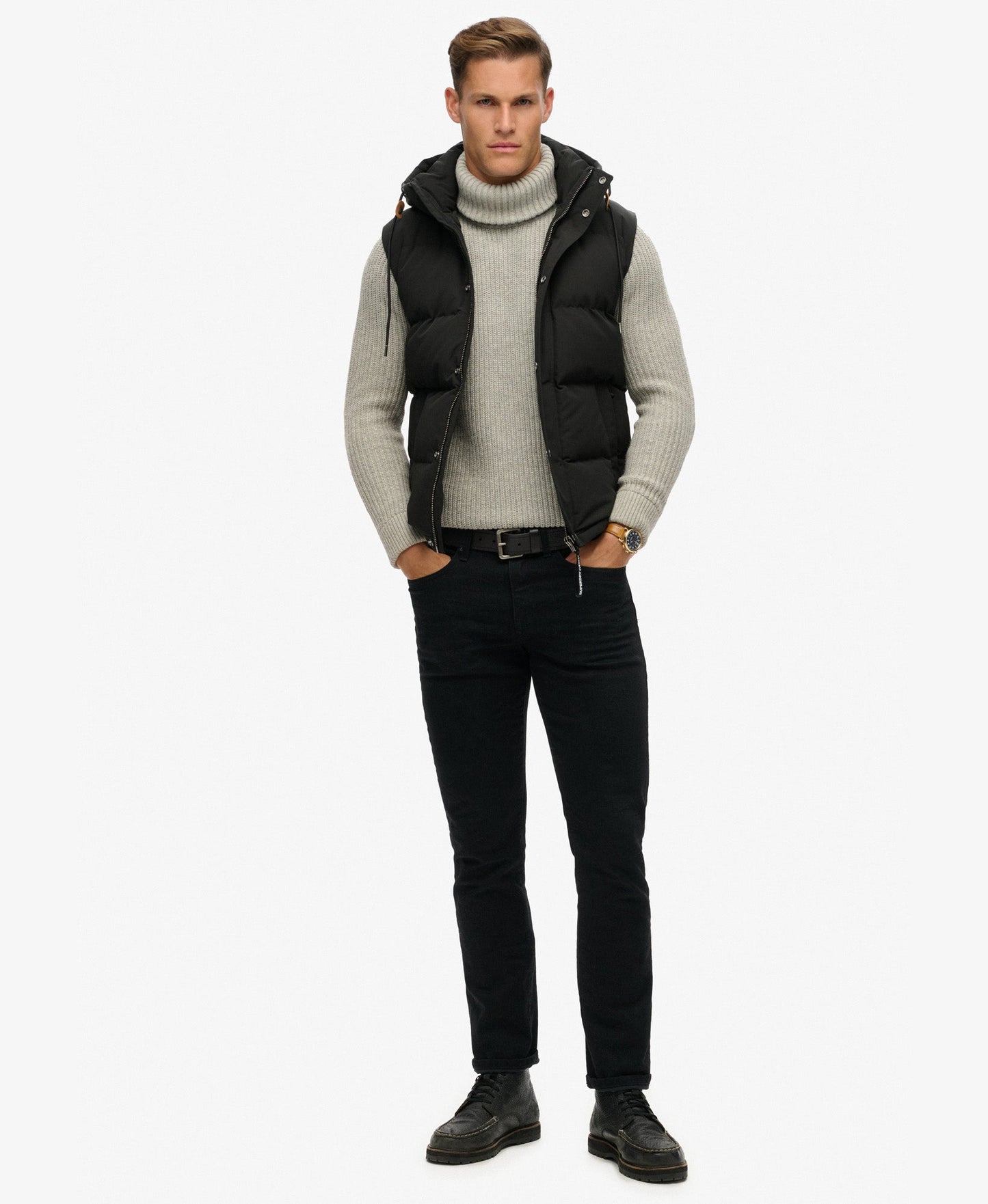 Everest Hooded Puffer Slim Fit Gilet | Jet Black