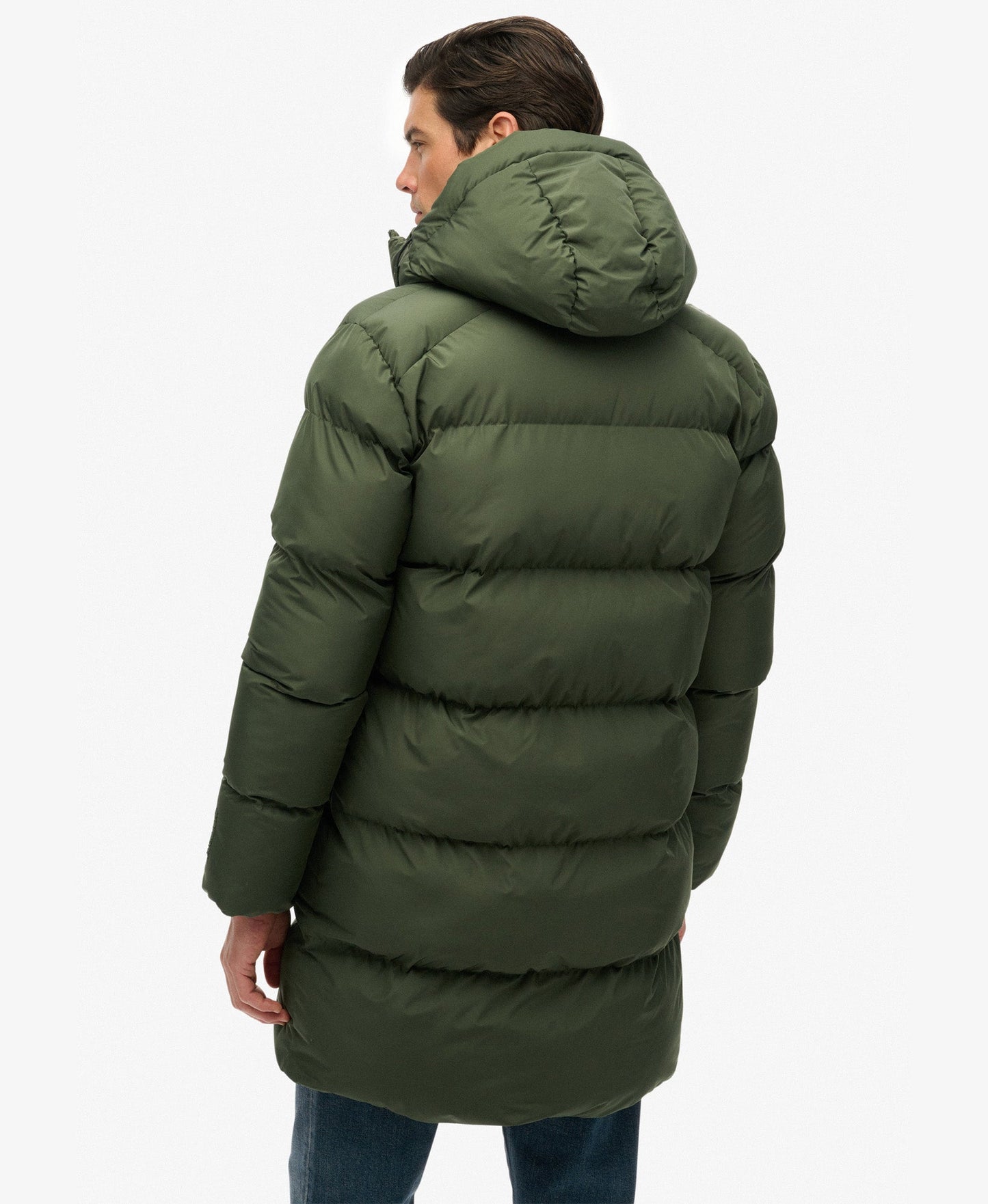 Hooded Sports Puffer Mid Jacket | Dark Moss Green