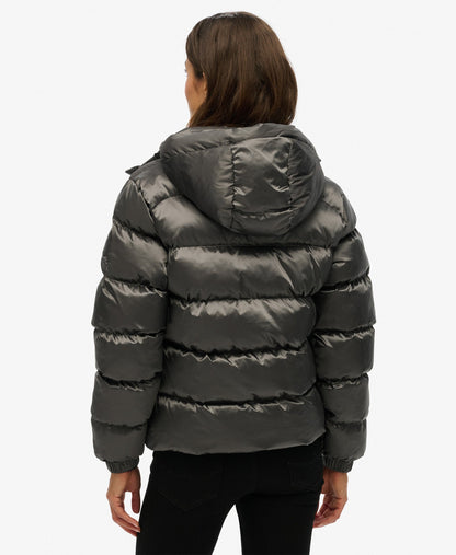 Slim Fit Hooded Luxe Sports Puffer | Black Sheen