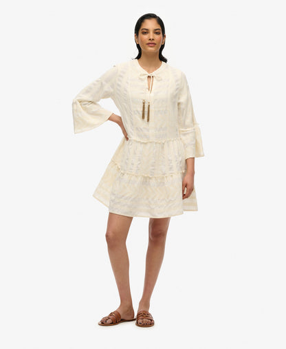 Ibiza Long Sleeve Tiered Mini Dress | Dusty Ecru