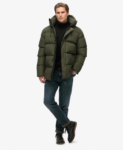Hooded 5 Baffle Sports Puffer | Army Khaki Green