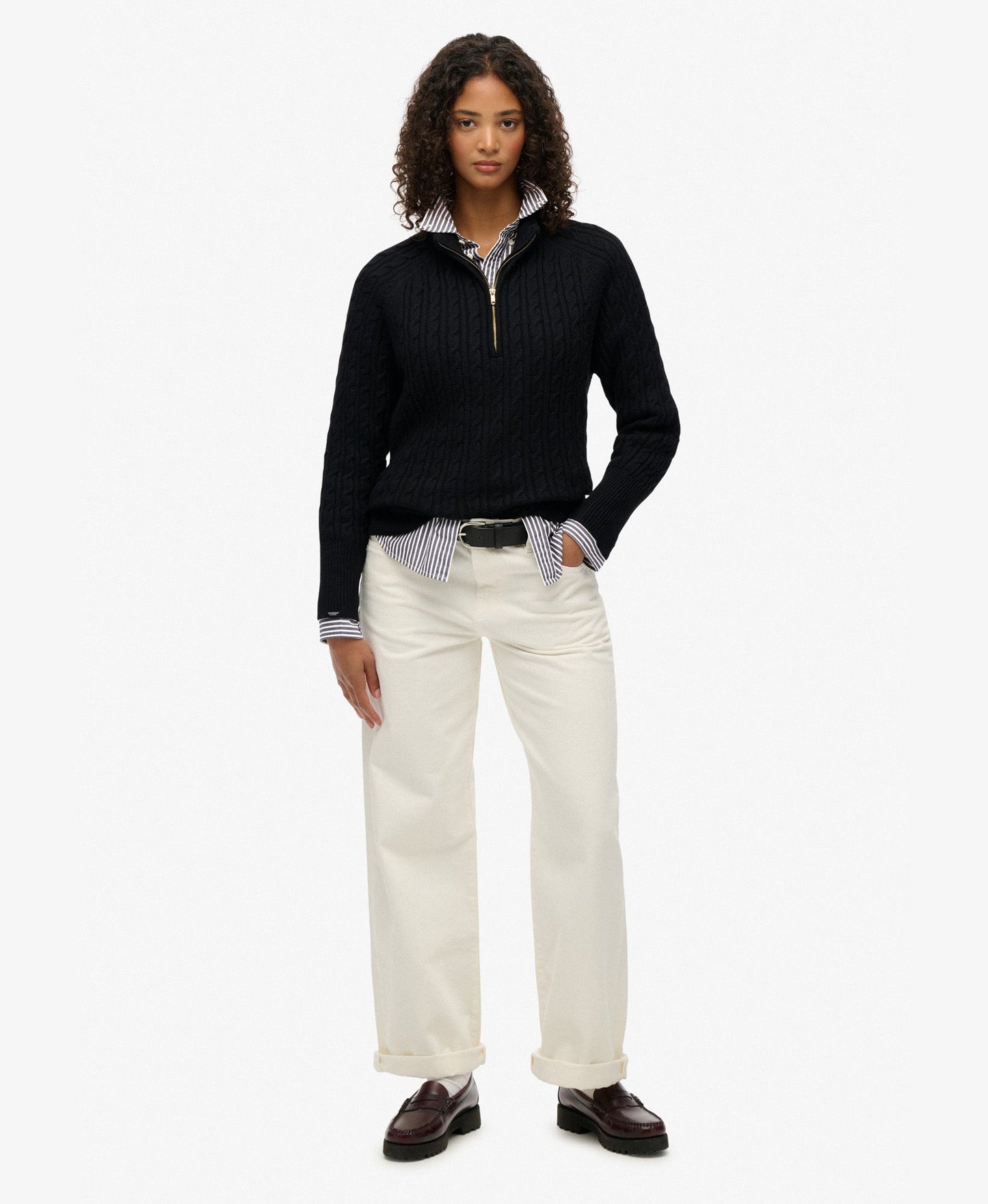 Brushed Cable Half Zip Knit | Black