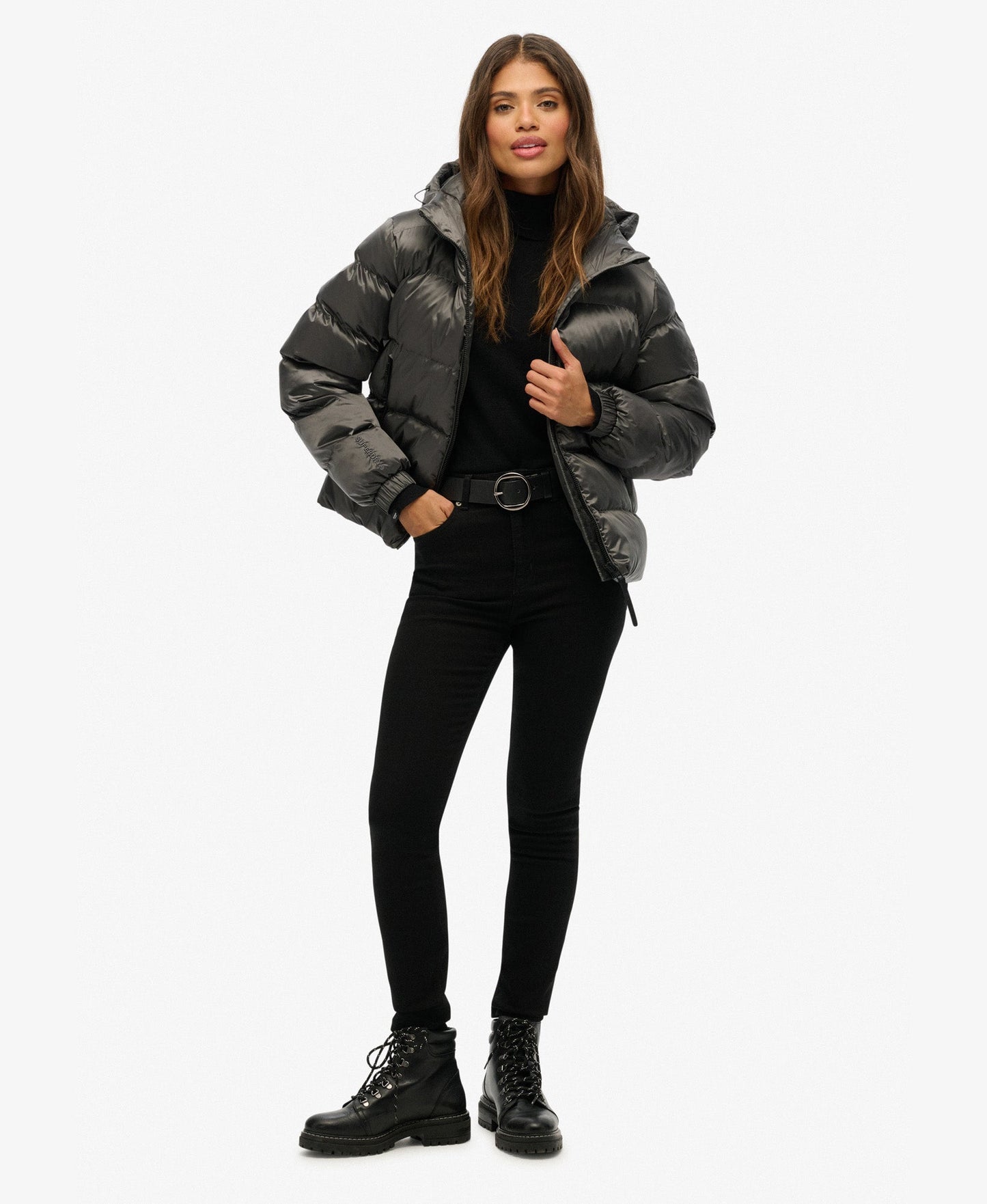 Slim Fit Hooded Luxe Sports Puffer | Black Sheen