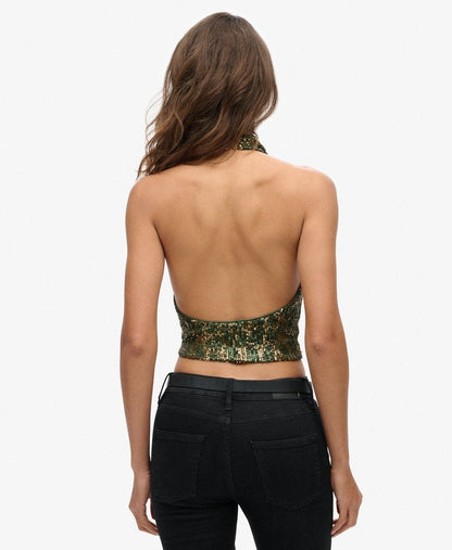 Halter Neck Sequin Slim Fit Top | Green Gold Sequin