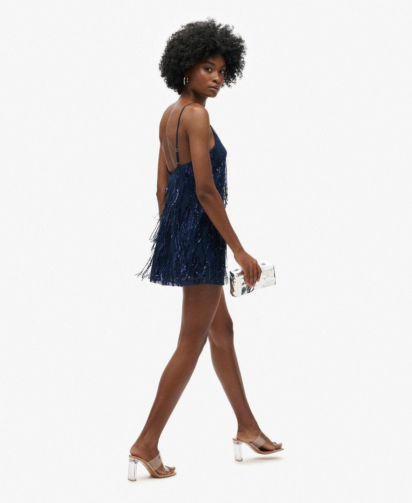 Fringe V Neck Cami Mini Slim Fit Dress | Navy Sequin