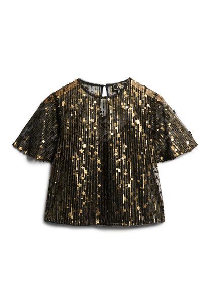 Sheer Short Sleeve Sequin Top | Brass Sequin