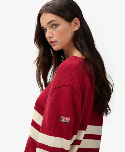 Oversized Striped V Neck | Bordeaux Red