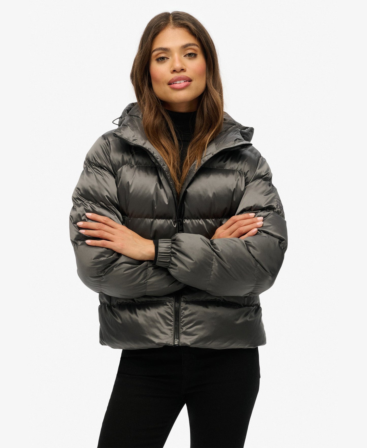 Slim Fit Hooded Luxe Sports Puffer | Black Sheen