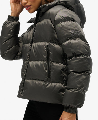 Slim Fit Hooded Luxe Sports Puffer | Black Sheen
